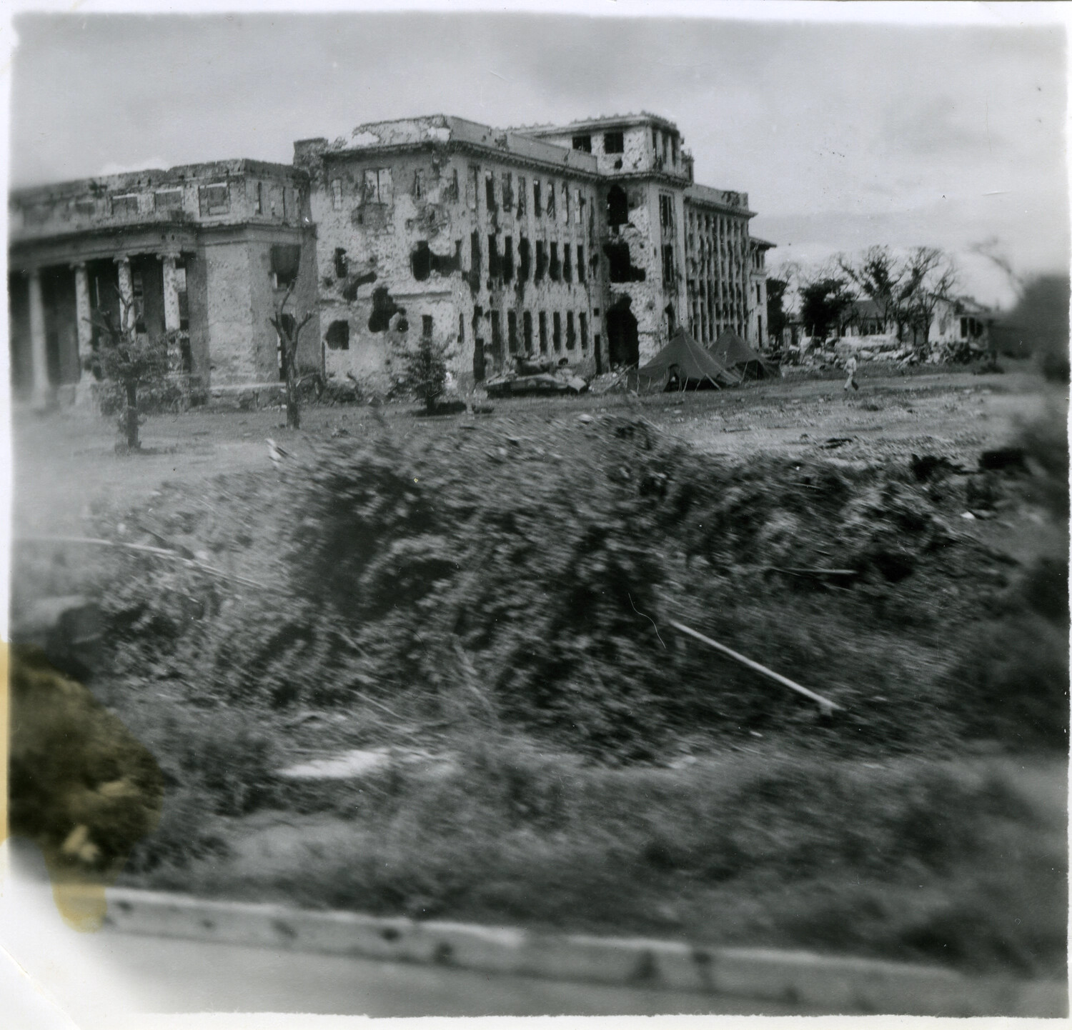 Ruined Government Building with U.S. Military Tents, Battle of Okinawa, 1945