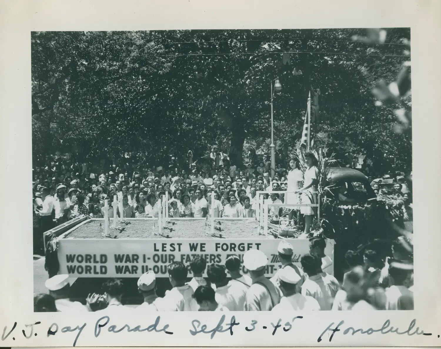 V-J Day Parade Float with War Memorial Display, Honolulu, Hawaii, September 3, 1945