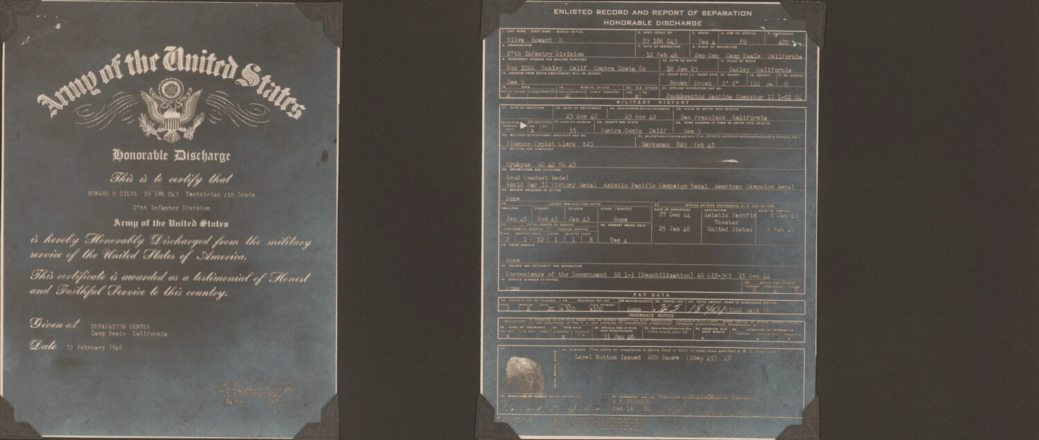 WWII Honorable Discharge Certificate and Enlisted Separation Record - Tec 4 Howard E. Silva, 27th Infantry Division (1946)