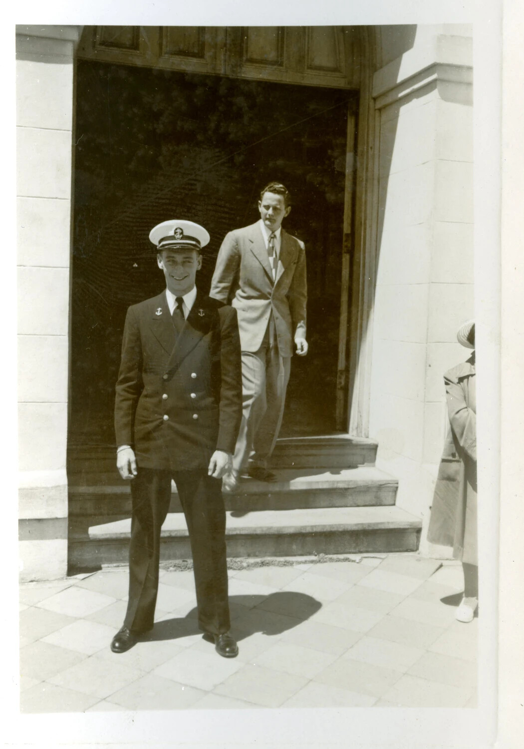 U.S. Navy Officer in Dress Blues at NAS Pensacola Building Entrance, April 1949