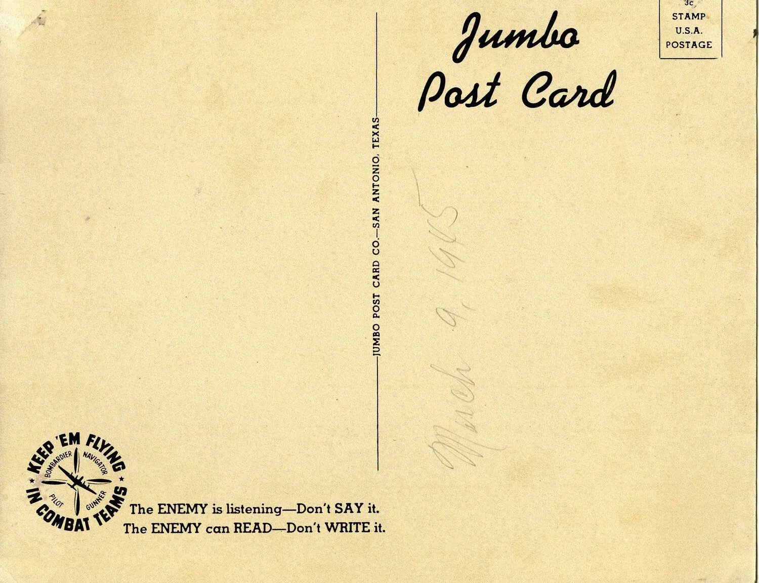 WWII-Era "Jumbo Post Card," San Antonio, Texas, 1945 (Verso)