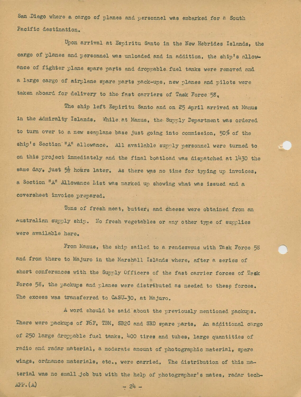 USS Petrof Bay (CVE-80) War History Narrative, Appendix A, Page 24 - Aircraft Ferry Operations Supporting Task Force 58