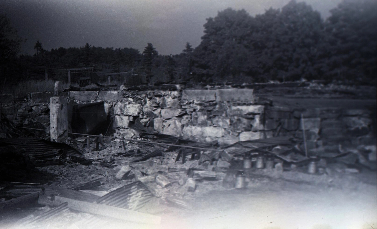 Fieldstone Foundation Wall and Roofing Debris, Dairy Barn Fire Ruins, Rural New England, c. 1940s