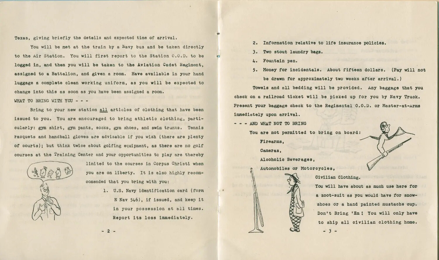 US Navy Aviation Cadet Orientation Booklet, Pages 2-3 -- Arrival Instructions and Packing List (McAleer Collection)