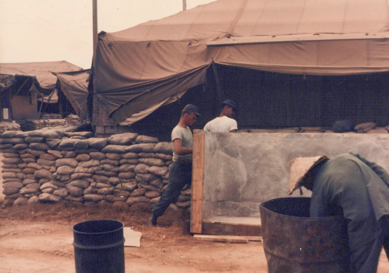 U.S. Soldiers Constructing Sandbagged Structure at Cu Chi Base Camp, Vietnam, 1967