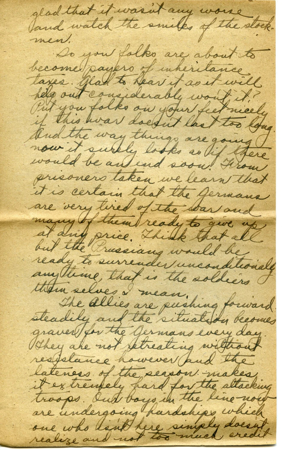 Handwritten WWI Letter Page from Pvt. Willis W. Wagener, Letter 20, Discussing German Collapse and Allied Advance