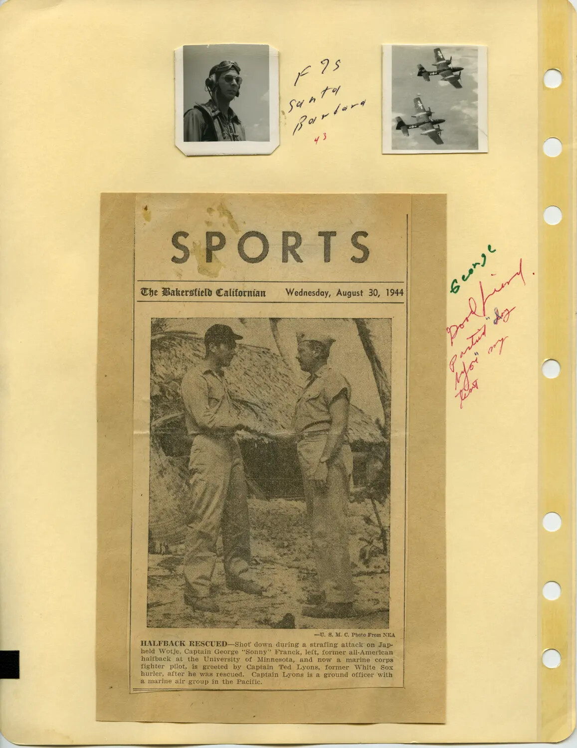 WWII Scrapbook Page: Marine Aviator Portrait, Aircraft Formation Snapshot, and 1944 Bakersfield Californian 'Halfback Rescued' Newspaper Clipping (Pat McAleer Collection)