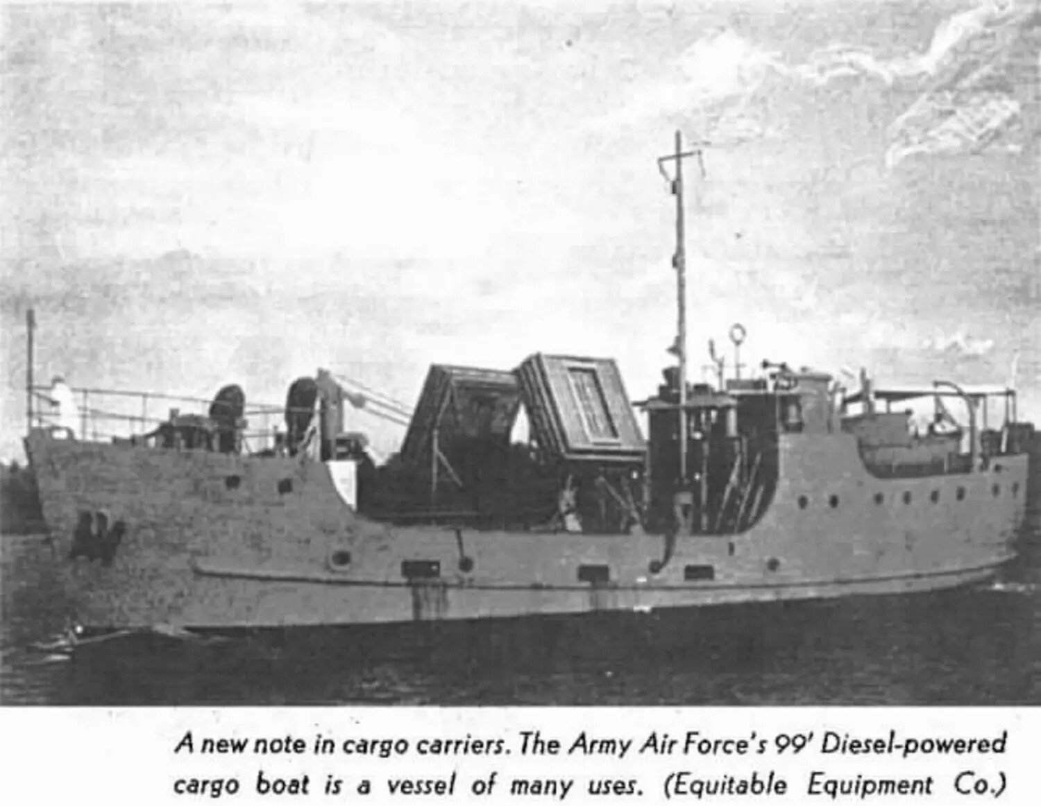 U.S. Army Air Forces 99-Foot Diesel Cargo Boat, Wartime Publicity Photograph, Equitable Equipment Company