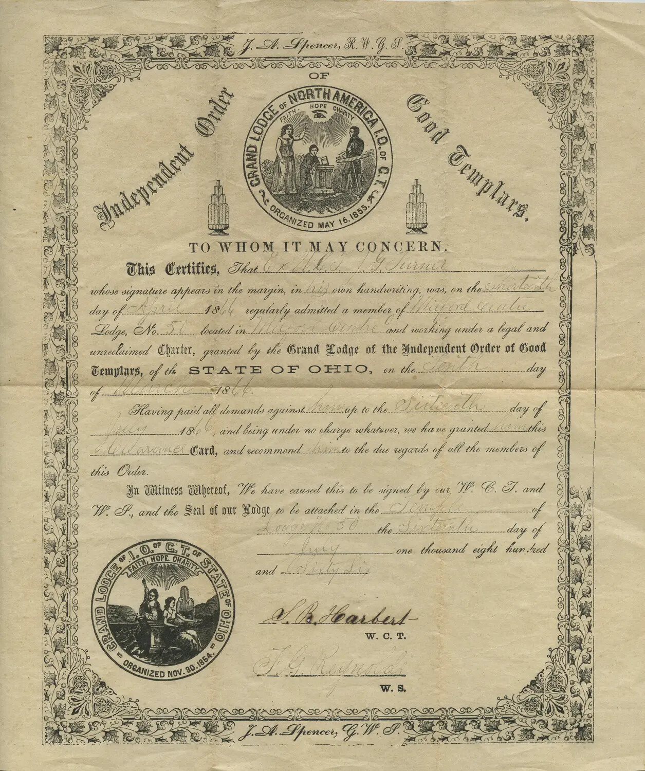 Independent Order of Good Templars Clearance Card Certifying Membership of Ex-W.C.T. J.G. Turner, Milford Centre Lodge No. 50, Ohio, 1866