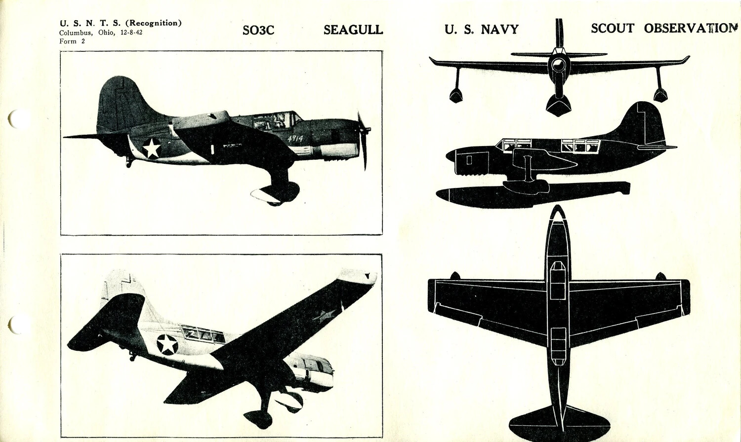 U.S.N.T.S. Aircraft Recognition Card: SO3C Seagull Scout Observation Floatplane (Form 2, Columbus, Ohio, 12-8-42)