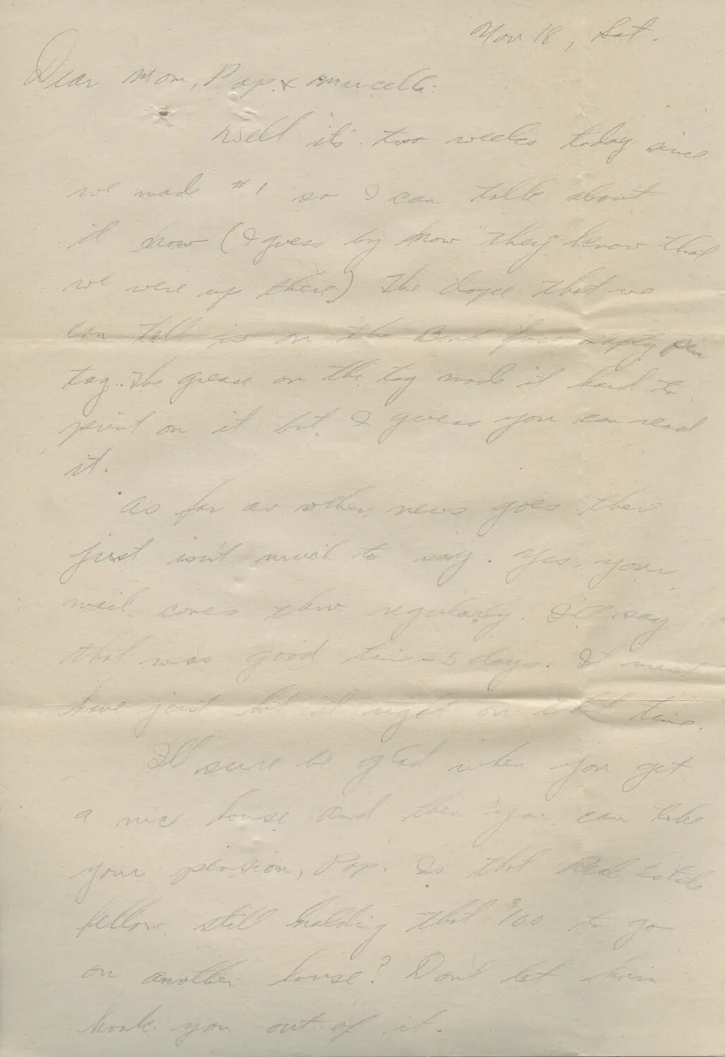 Handwritten Letter Home from WWII B-24 Airman, 'Nov 18, Sat.' (Margaroli Collection, 1944)