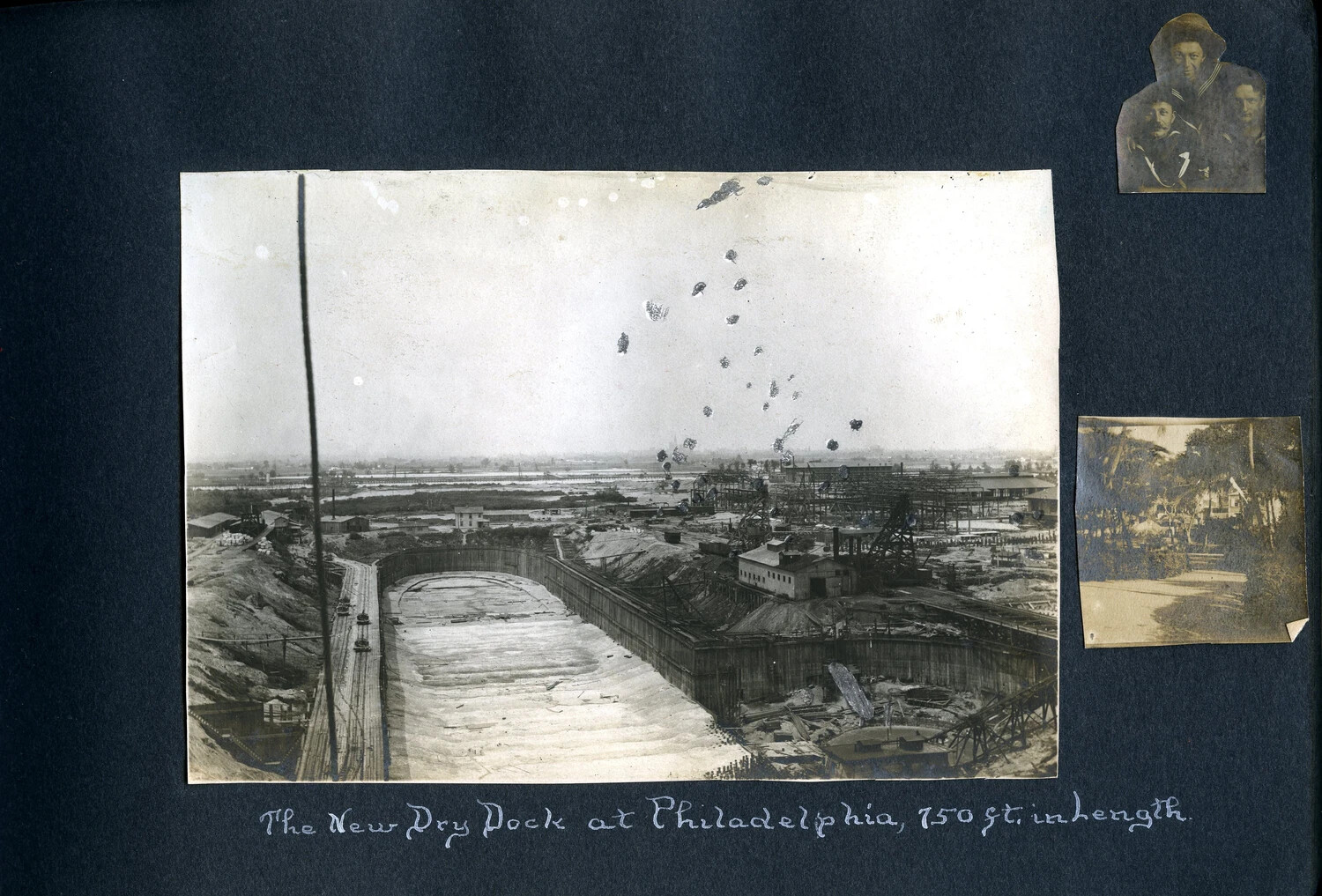 The New Dry Dock Under Construction, Philadelphia Navy Yard, with Inset Sailor Portrait and Tropical Shore Scene