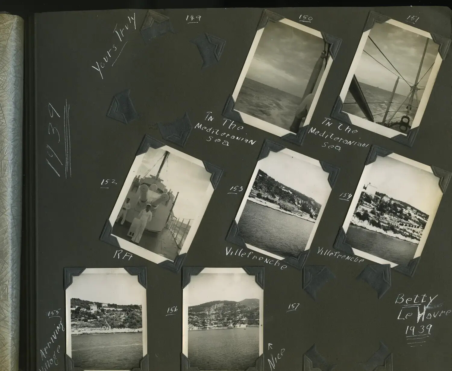 Photo Album Page, USS Trenton Scrapbook: Mediterranean Sea and French Riviera (Villefranche/Nice), 1939, Photos 149-157
