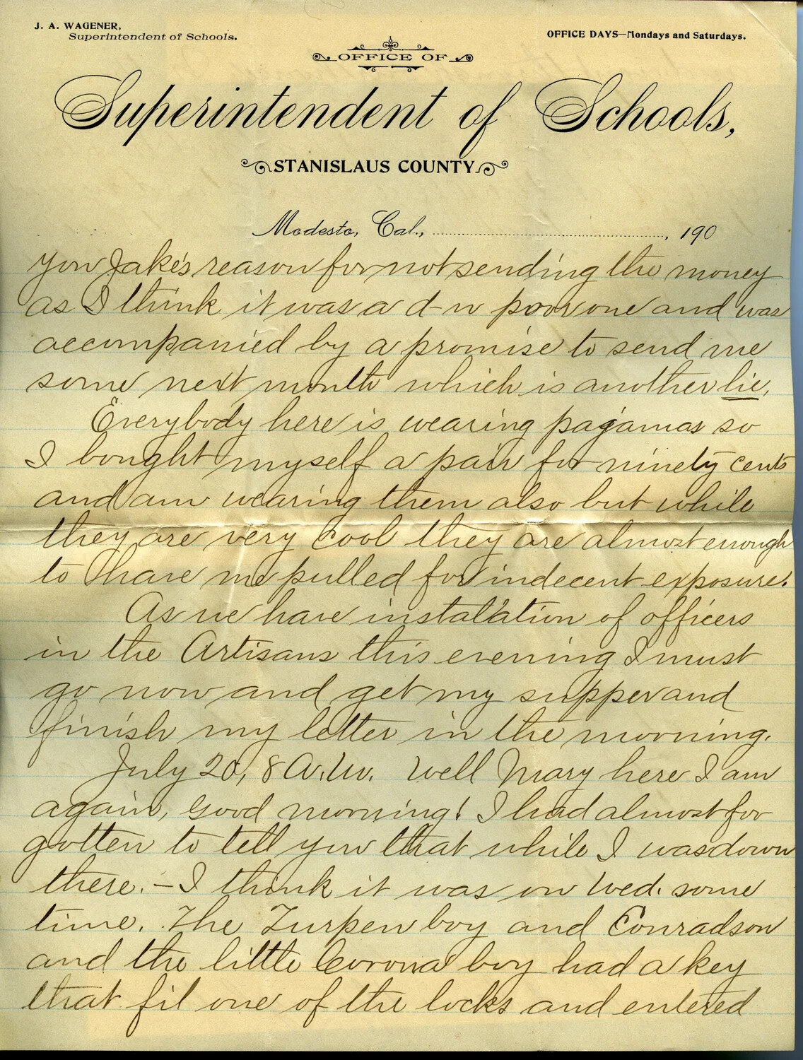 Handwritten Letter from J. A. Wagener, Superintendent of Schools, Stanislaus County, Modesto, California, July 1900