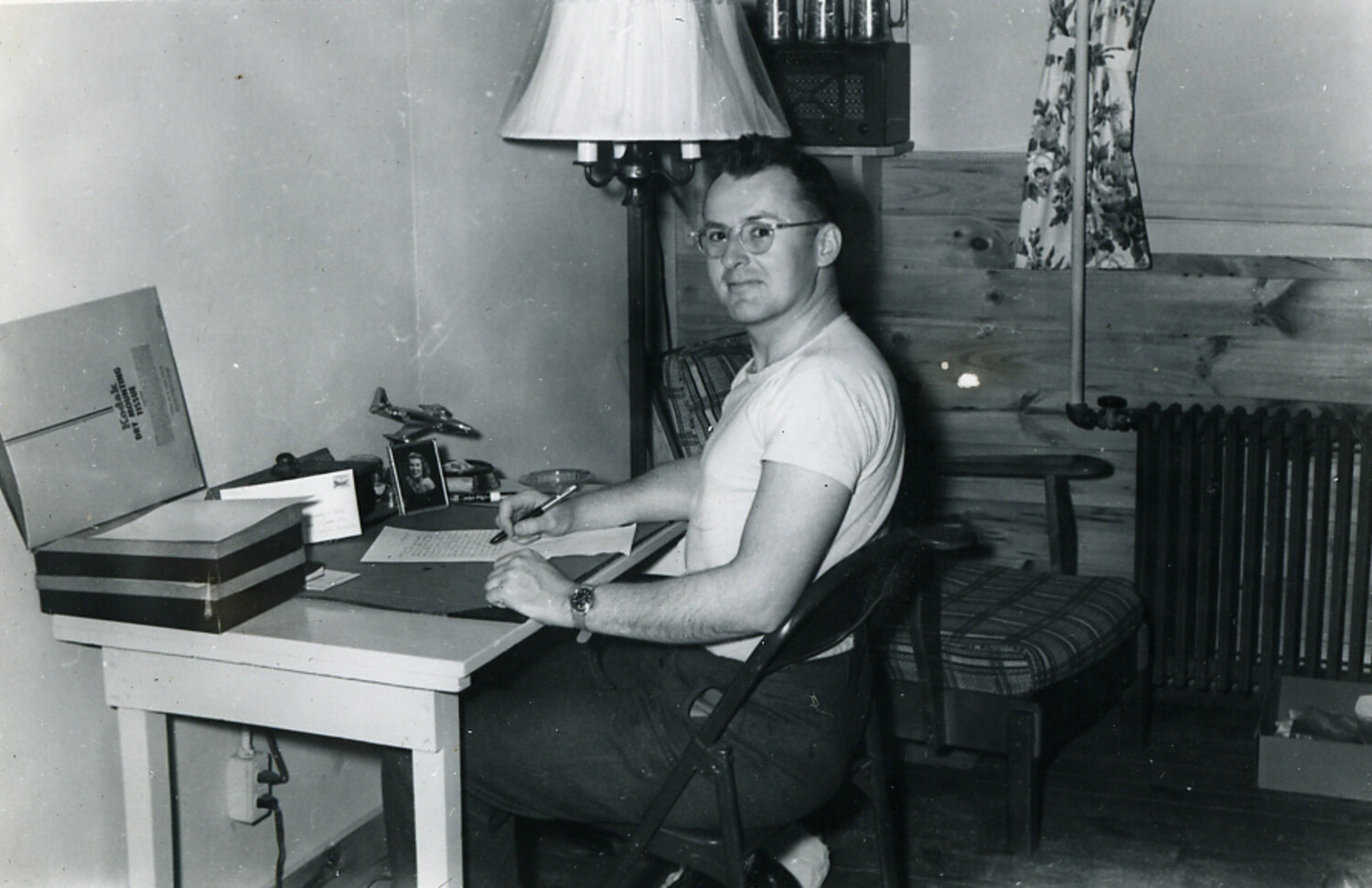 Serviceman Writing a Letter at a Desk, Barracks Quarters — Postwar Japan Era