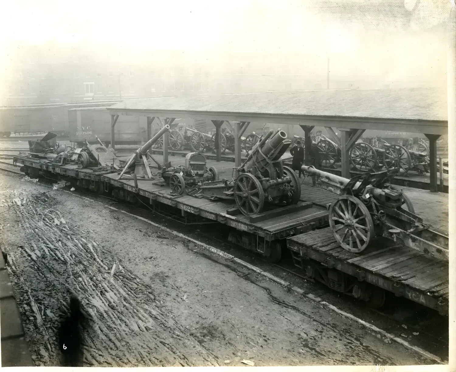 Rail Yard Assembly of Captured WWI Ordnance — Multiple Flatcars, Cincinnati, Ohio