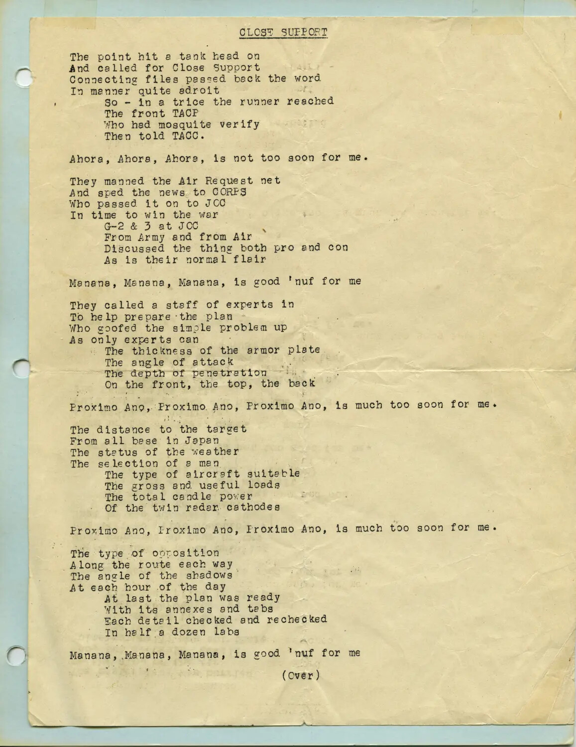 'Close Support' — Typewritten Satirical Poem on Air Support Request Procedures, Pat McAleer Collection