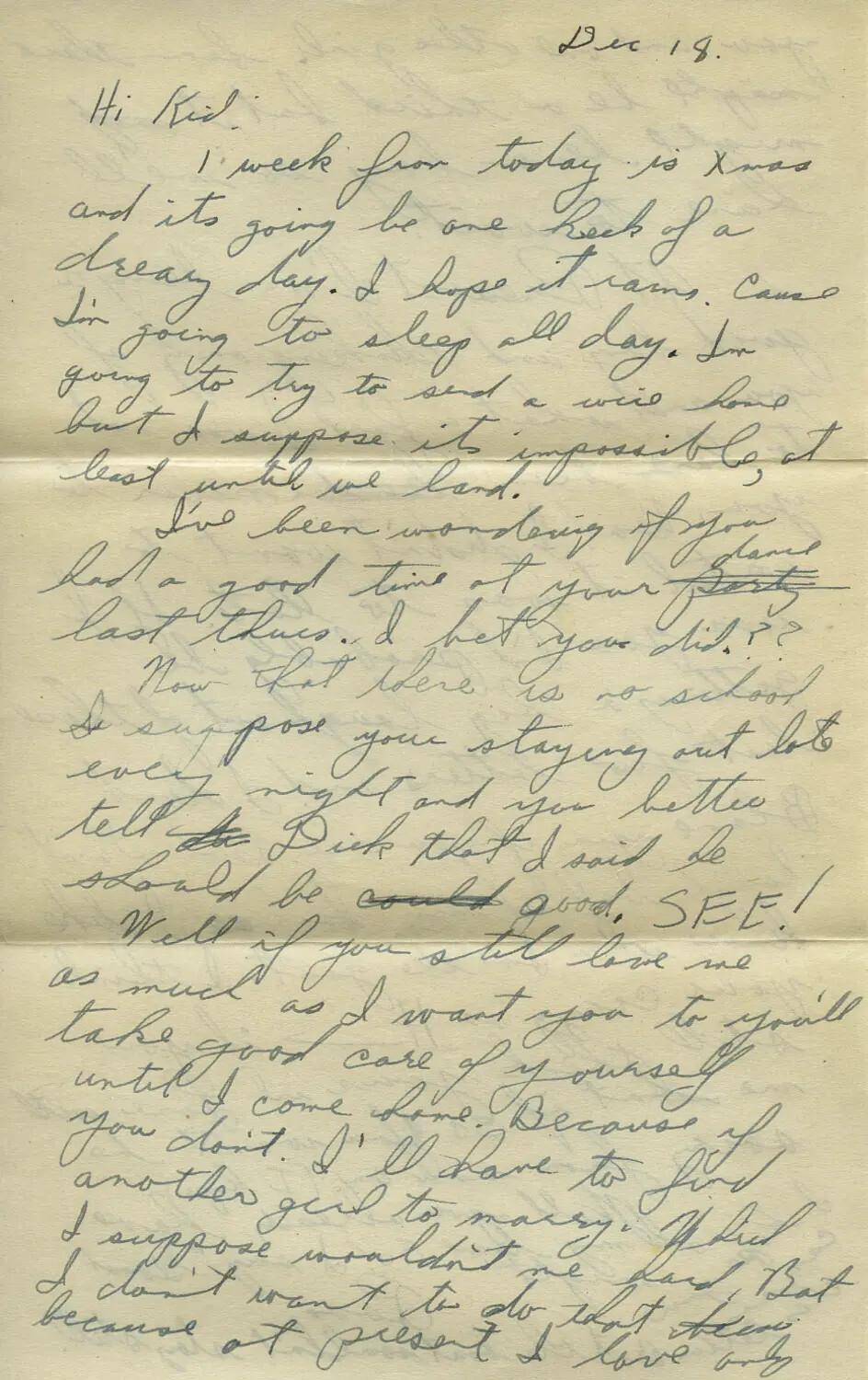 Handwritten WWII Personal Letter, 'Hi Kid' – Moon Sammiet Correspondence, December 18