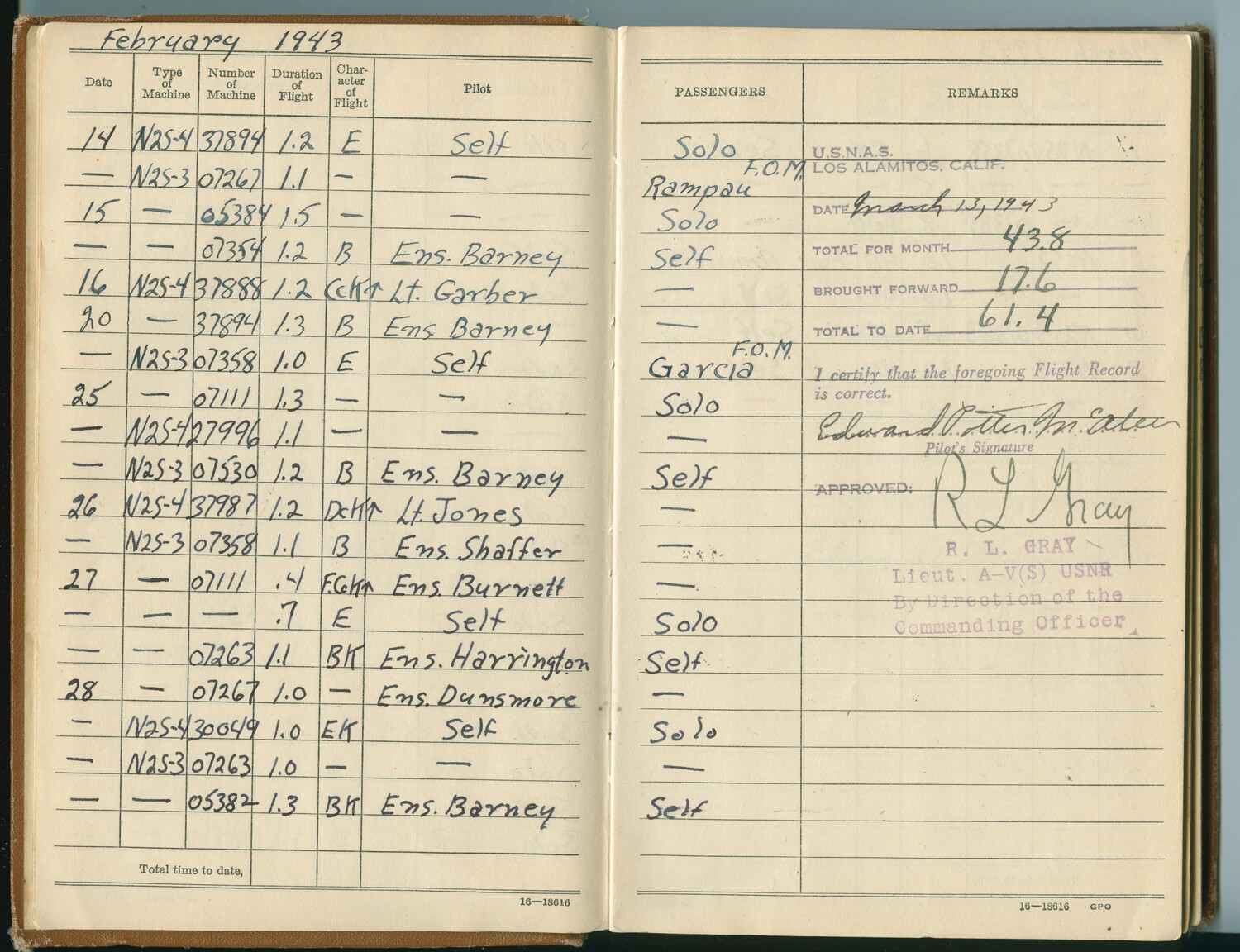Pilot's Flight Log Book, Edward P. McAleer - February 1943, NAS Los Alamitos Primary Training