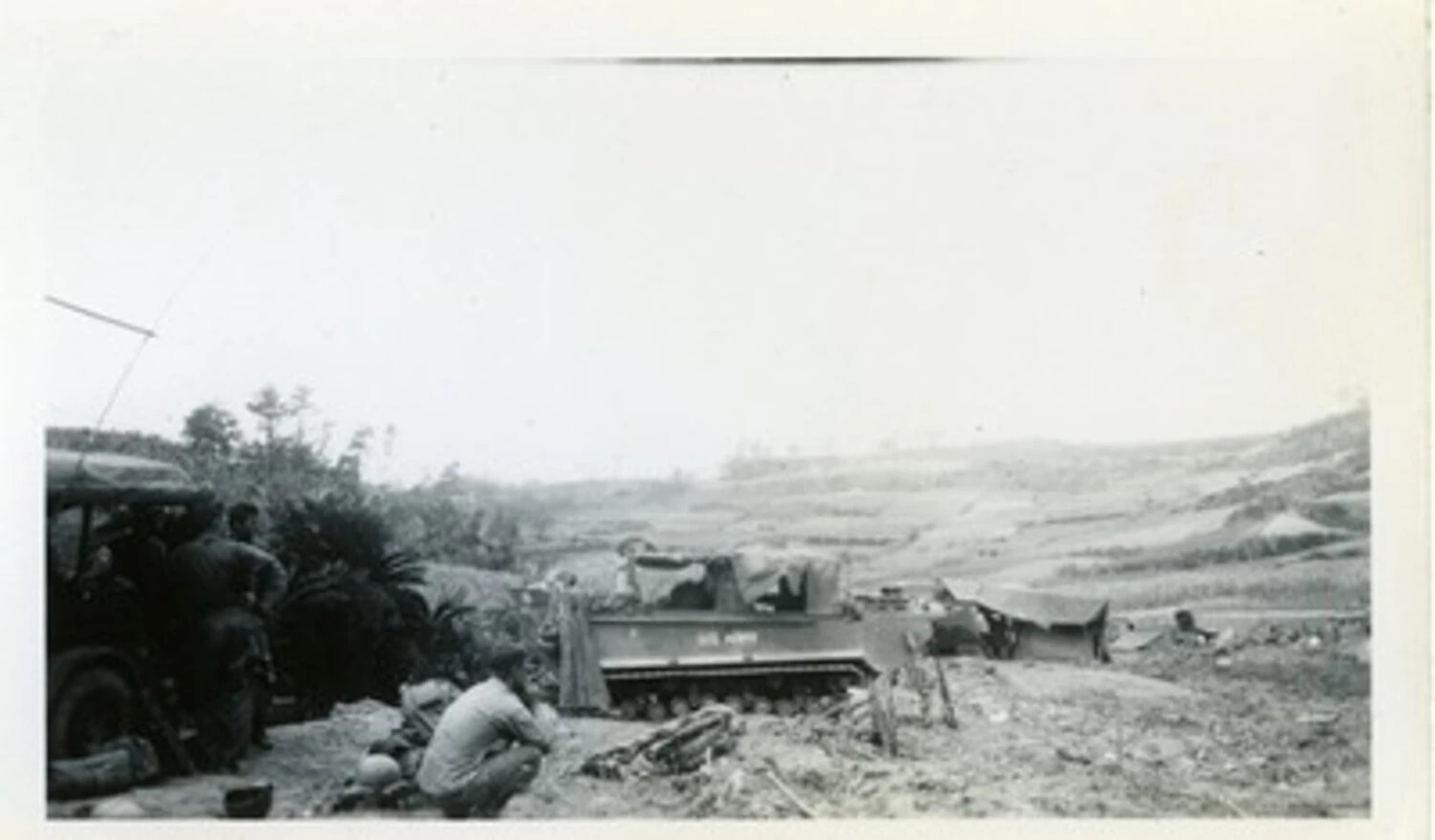 Military Jeep and Tracked Cargo Carrier on Hillside Overlook, WWII Asian Theater