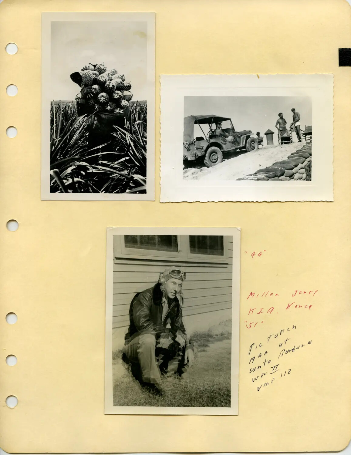 Album Page with Pineapple Harvest, Jeep Beach Scene, and Portrait of Marine Aviator Jerry Miller (VMF-112), Santa Barbara, 1944