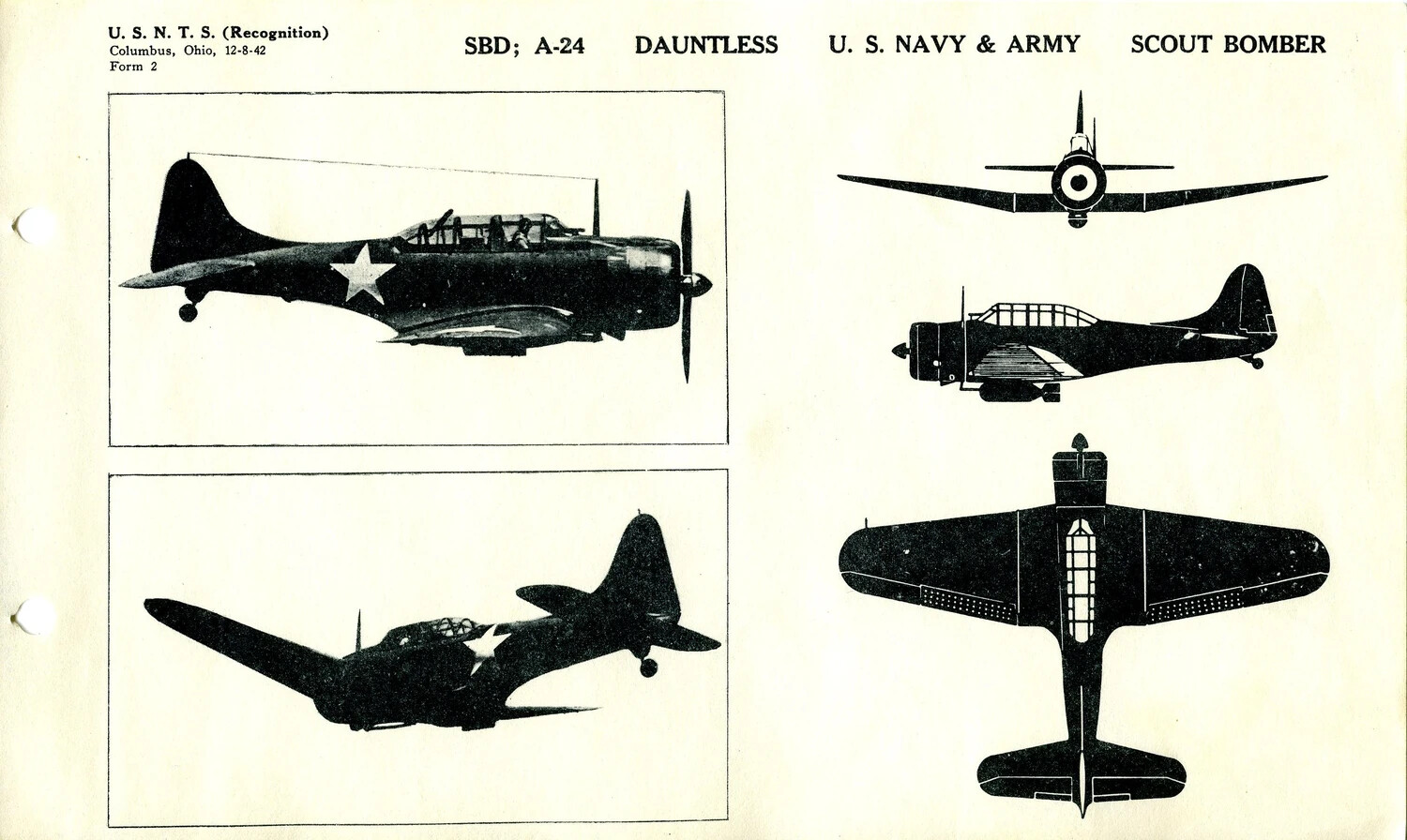 U.S.N.T.S. Aircraft Recognition Card: SBD/A-24 Dauntless Scout Bomber (Form 2, Columbus, Ohio, 12-8-42)