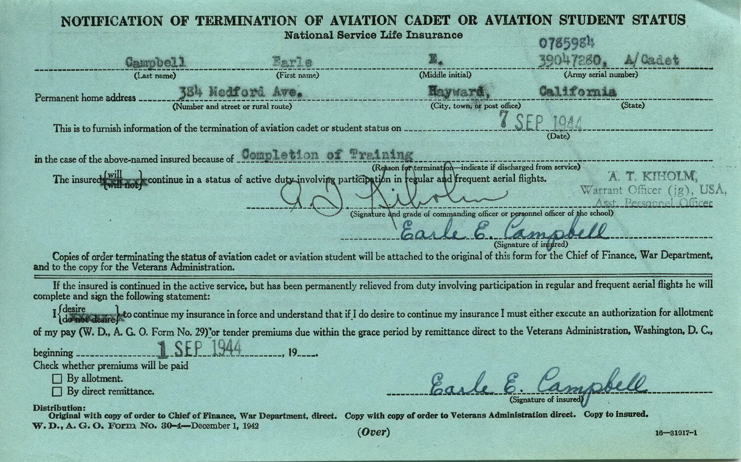 W.D., A.G.O. Form No. 30-4: Notification of Termination of Aviation Cadet Status for Earle E. Campbell, 7 September 1944