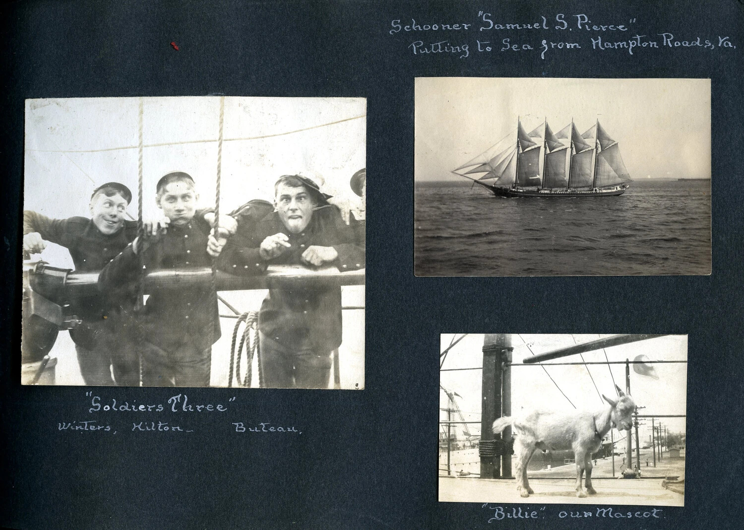 Scrapbook Page from a U.S. Navy Sailor's Photograph Album: Shipmates, the Schooner Samuel S. Pierce, and Mascot "Billie"