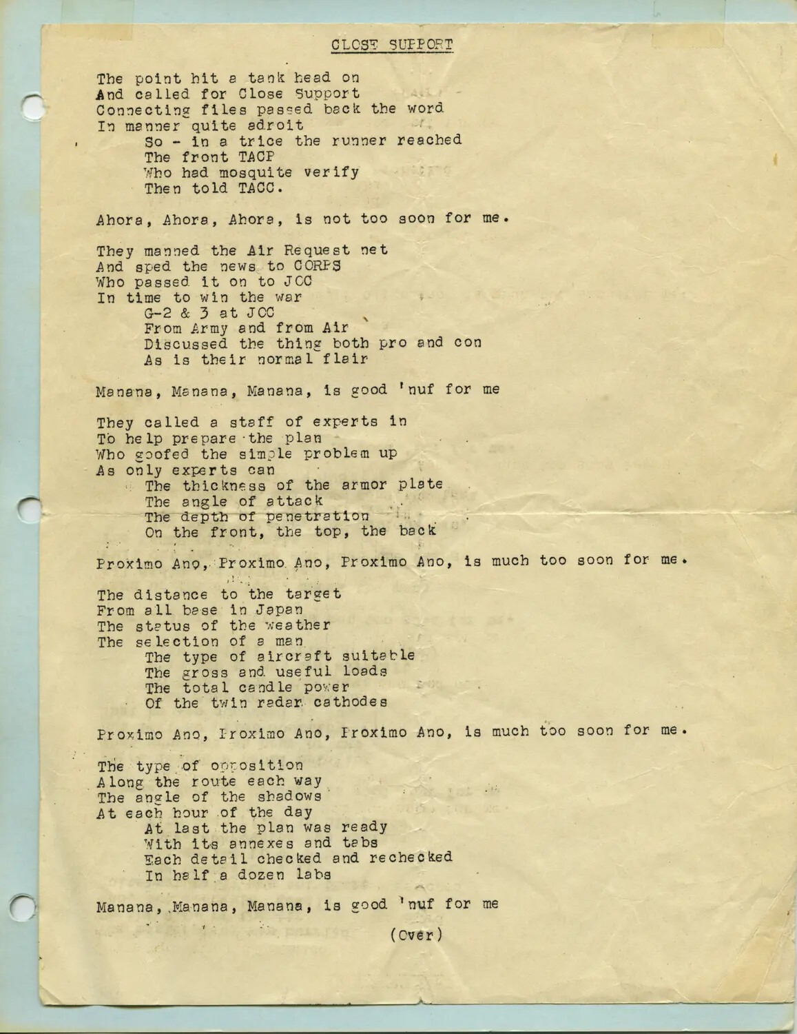 'Close Support' — Satirical Typewritten Poem, Edward P. McAleer Collection, Korean War Era