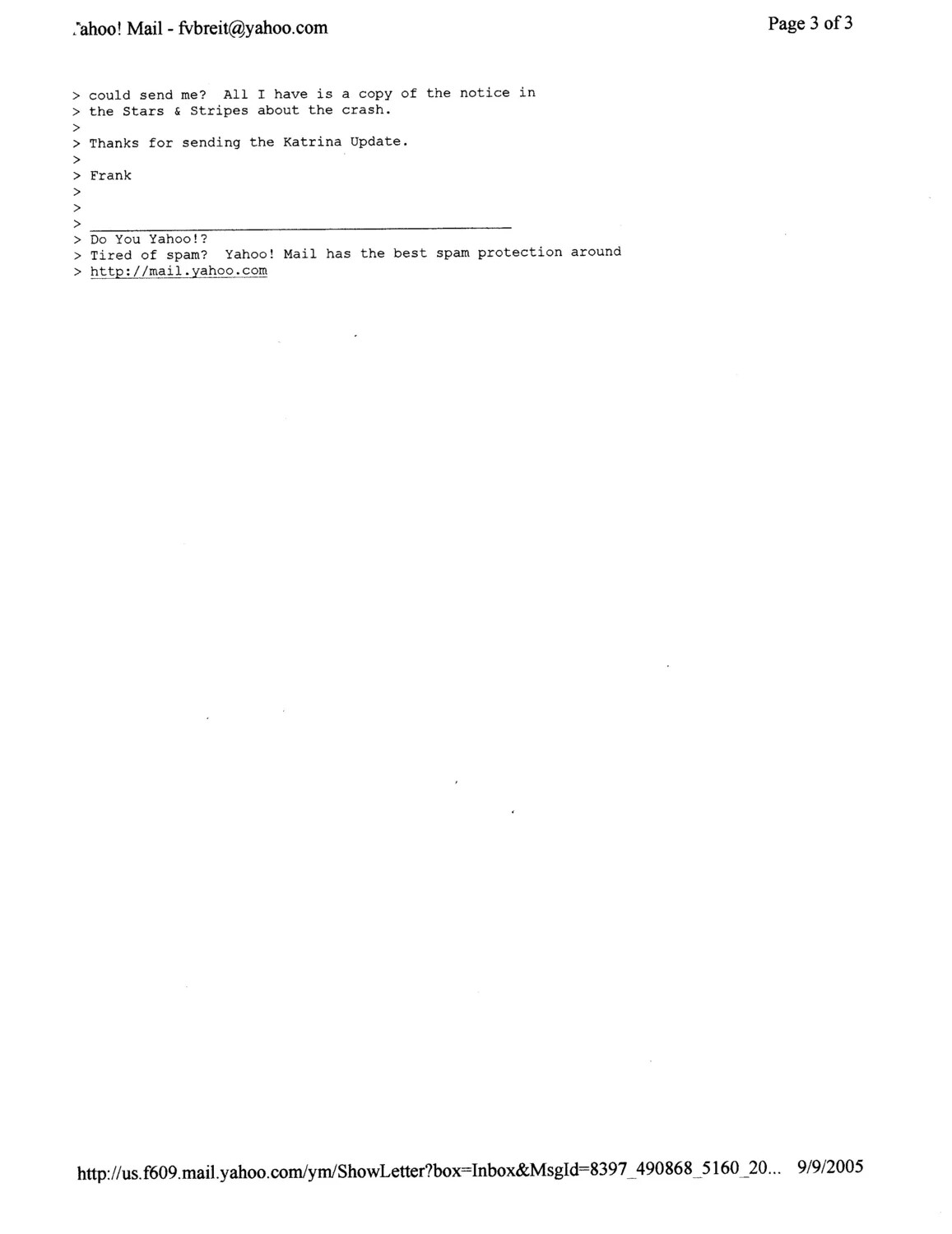 Printed Email Correspondence Referencing a Stars and Stripes Crash Notice (Bancroft Collection), 2005