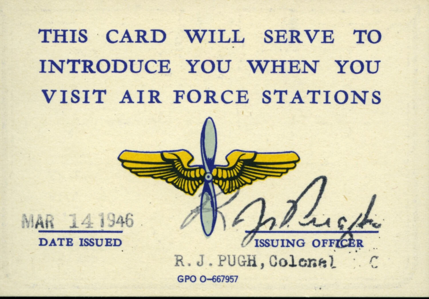 U.S. Army Air Forces Introduction Card, Issued March 14, 1946