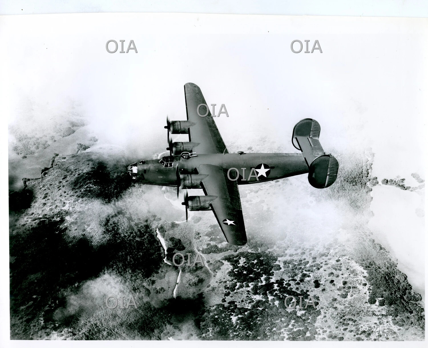 Consolidated B-24 Liberator Heavy Bomber Banking Over Volcanic Coastline, WWII Pacific Theater