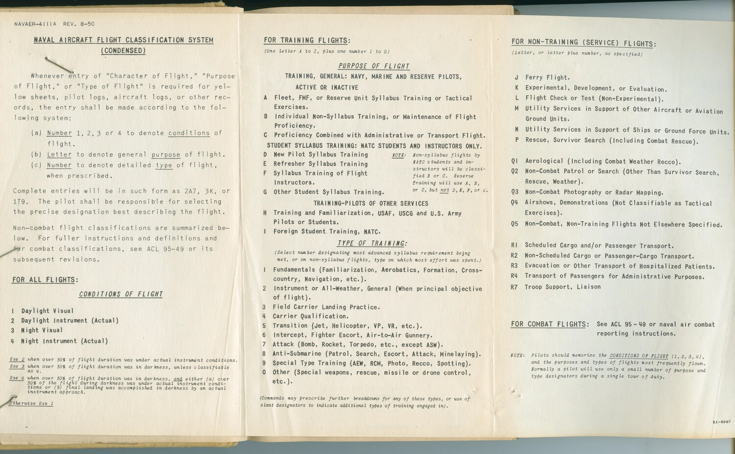 Naval Aircraft Flight Classification System Reference Sheet (NAVAER-41-1A, Rev. 8-50) — Bound Insert, McAleer Flight Log Book, Oct. 1948-Jan. 1952