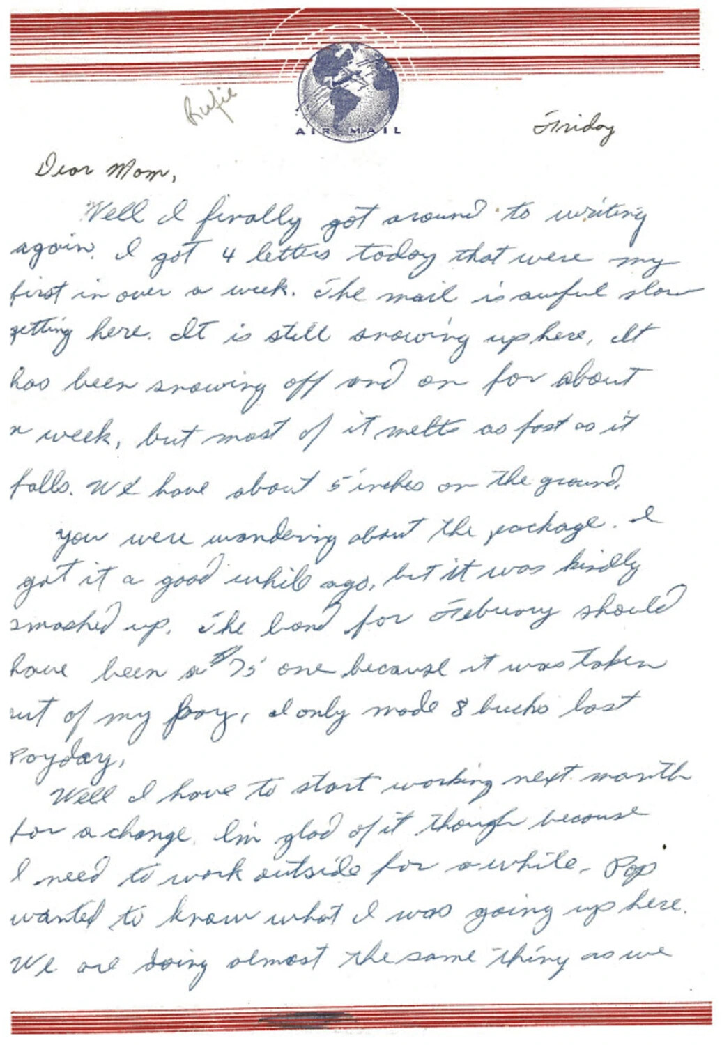 Handwritten Air Mail Letter, 'Rufie' to 'Mom' — Bancroft/Mounce Korean War Collection
