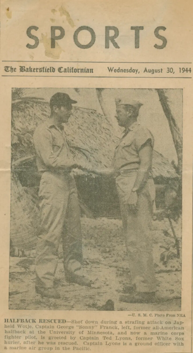"Halfback Rescued" - Bakersfield Californian Sports Clipping, August 30, 1944