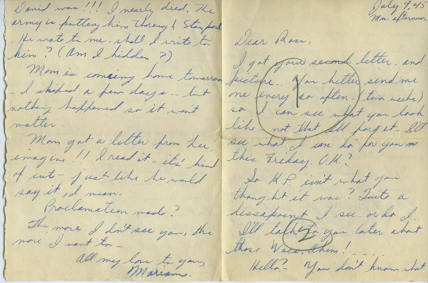 Handwritten WWII-Era Letter to 'Ross' from 'Mariam,' Dated July 9, 1945