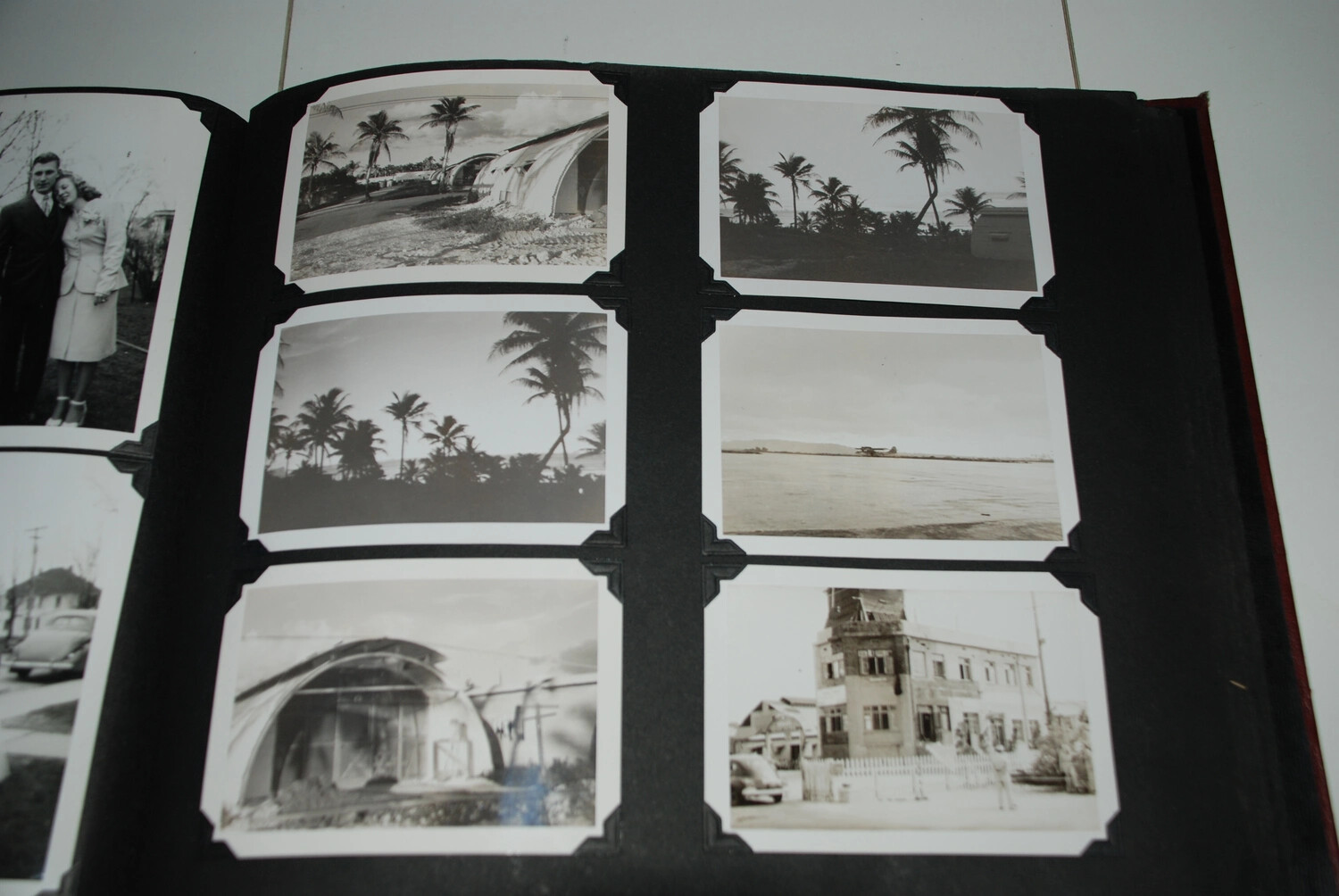 Personal Photo Album Page -- Quonset Huts, Seaplane, and War-Damaged Building, Agana, Guam