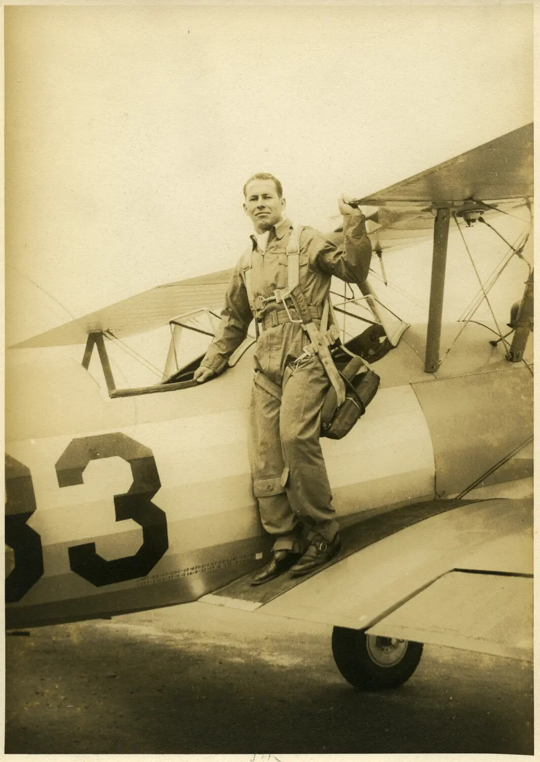 Aviation Cadet Standing on Wing of Stearman PT-17 Trainer Biplane, WWII