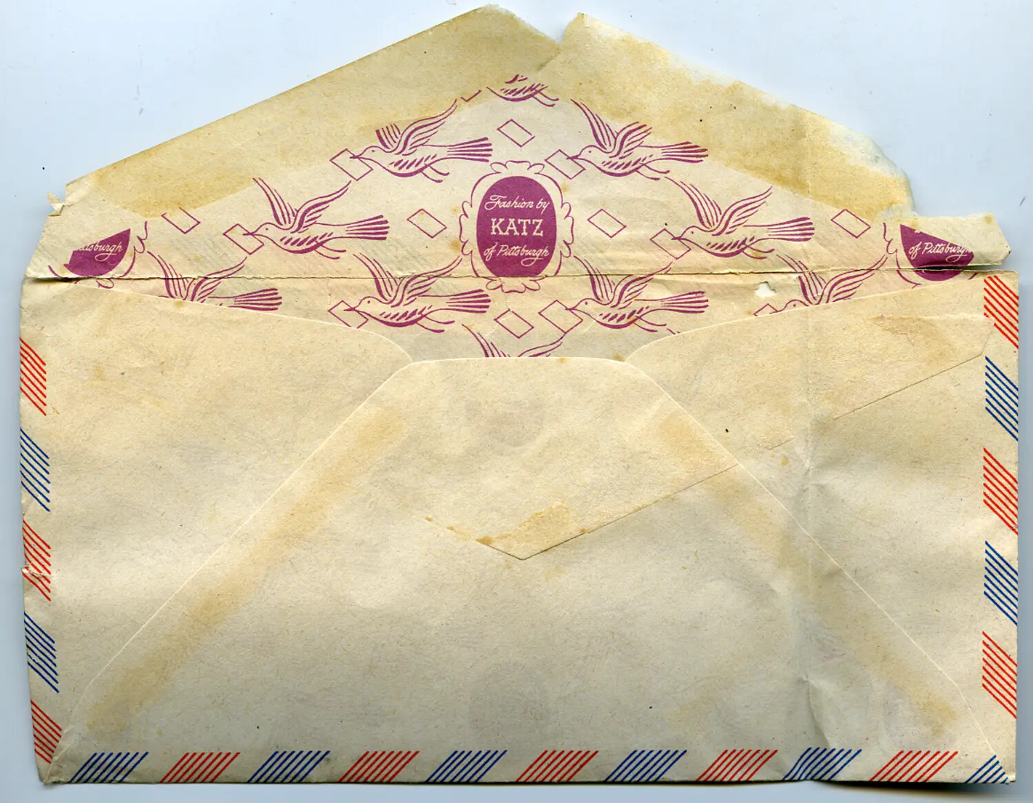 Reverse of WWII-Era Airmail Envelope with 'Fashion by Katz of Pittsburgh' Decorative Flap -- Moon/Sammiet Family Letters Collection