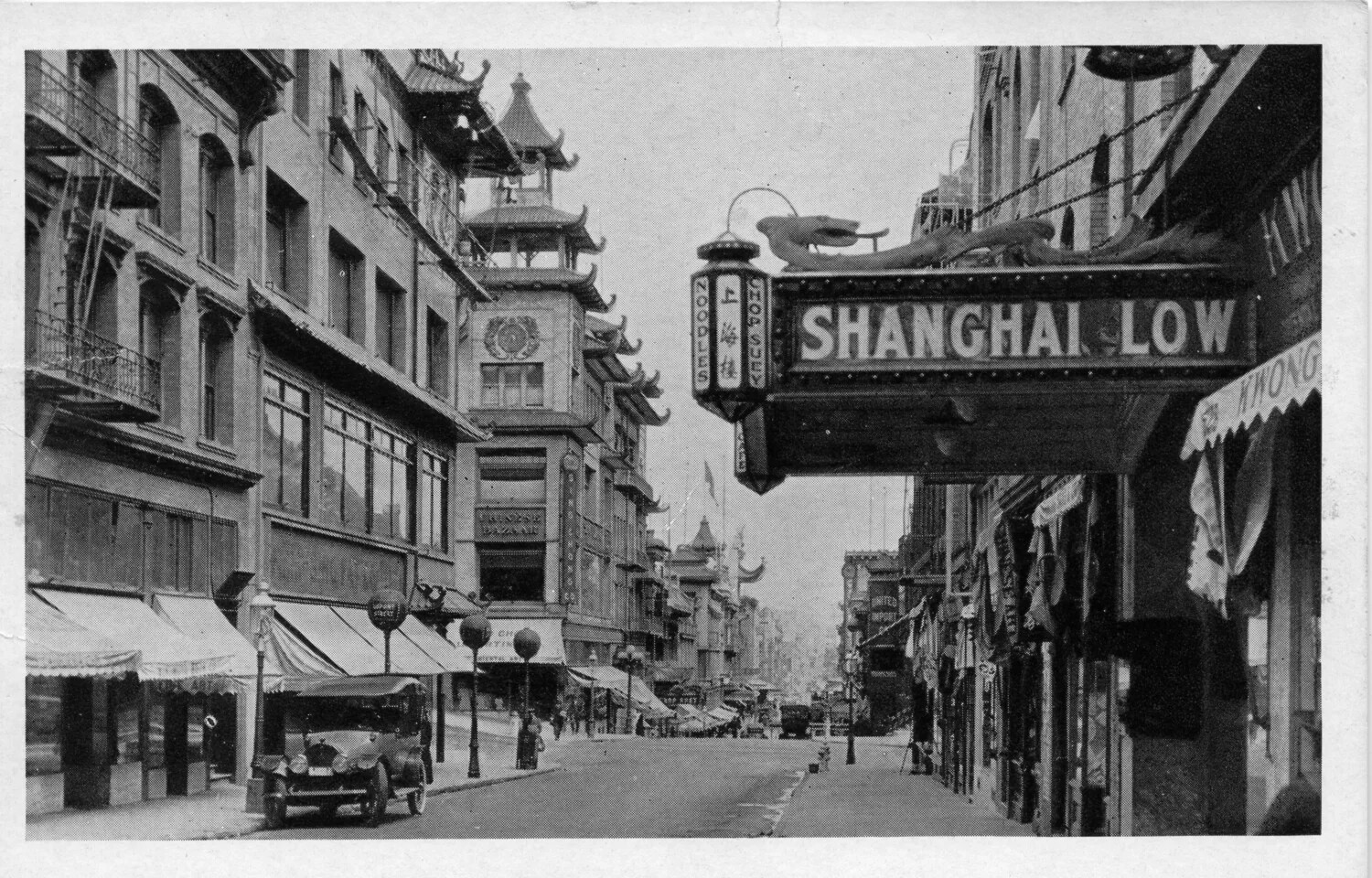 Real Photo Postcard: Chinatown Street Scene with the Shanghai Low Restaurant Sign, San Francisco, California