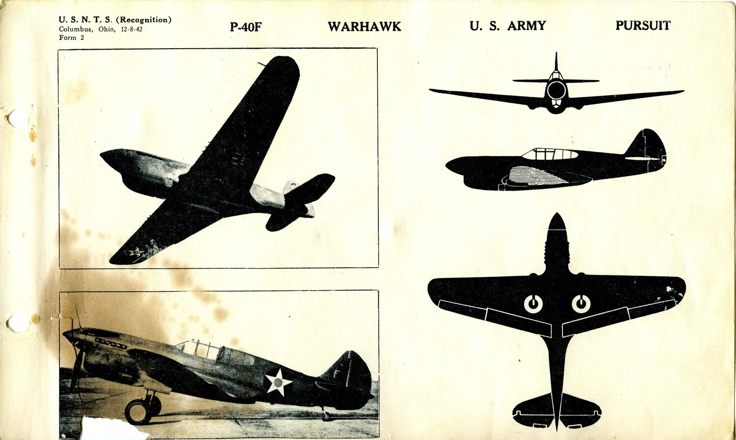 U.S.N.T.S. Aircraft Recognition Card: P-40F Warhawk Pursuit Fighter (Form 2, Columbus, Ohio, 12-8-42)