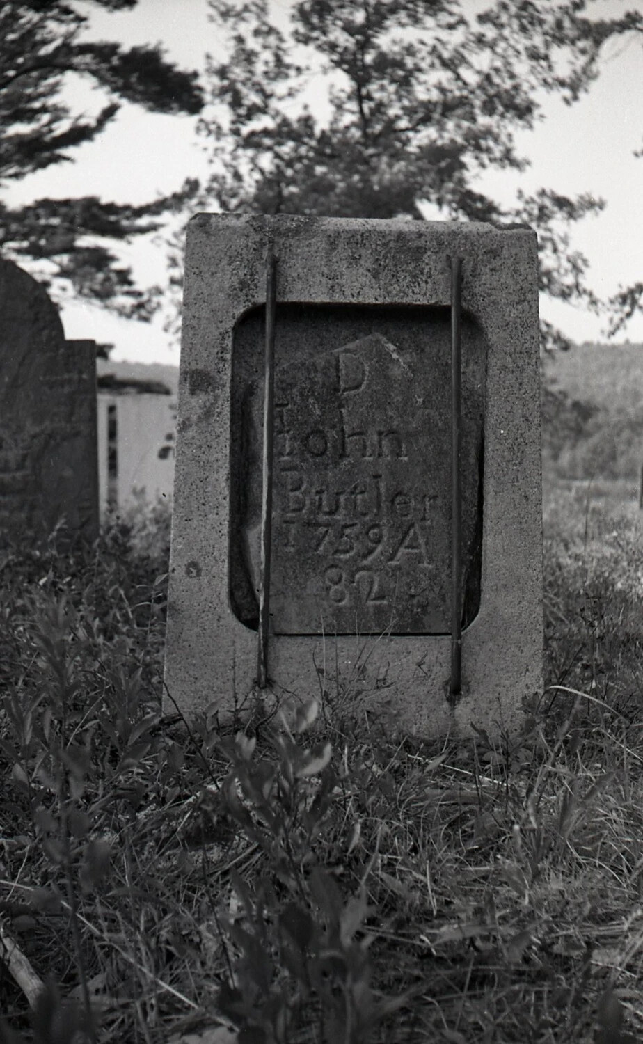 Colonial-Era Gravestone of John Butler (1759) in Protective Granite Frame, Alternate View