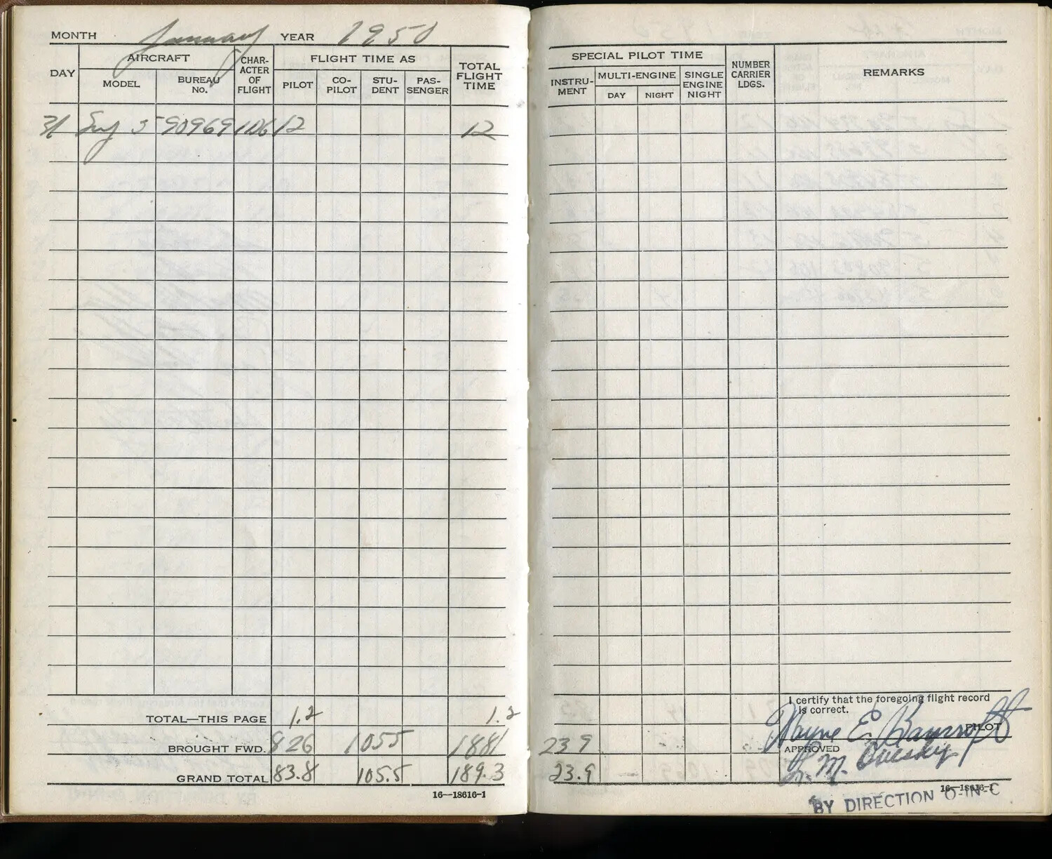 Wayne E. Bancroft's Navy Flight Logbook, January 1950 Entry (SNJ-5 Trainer)