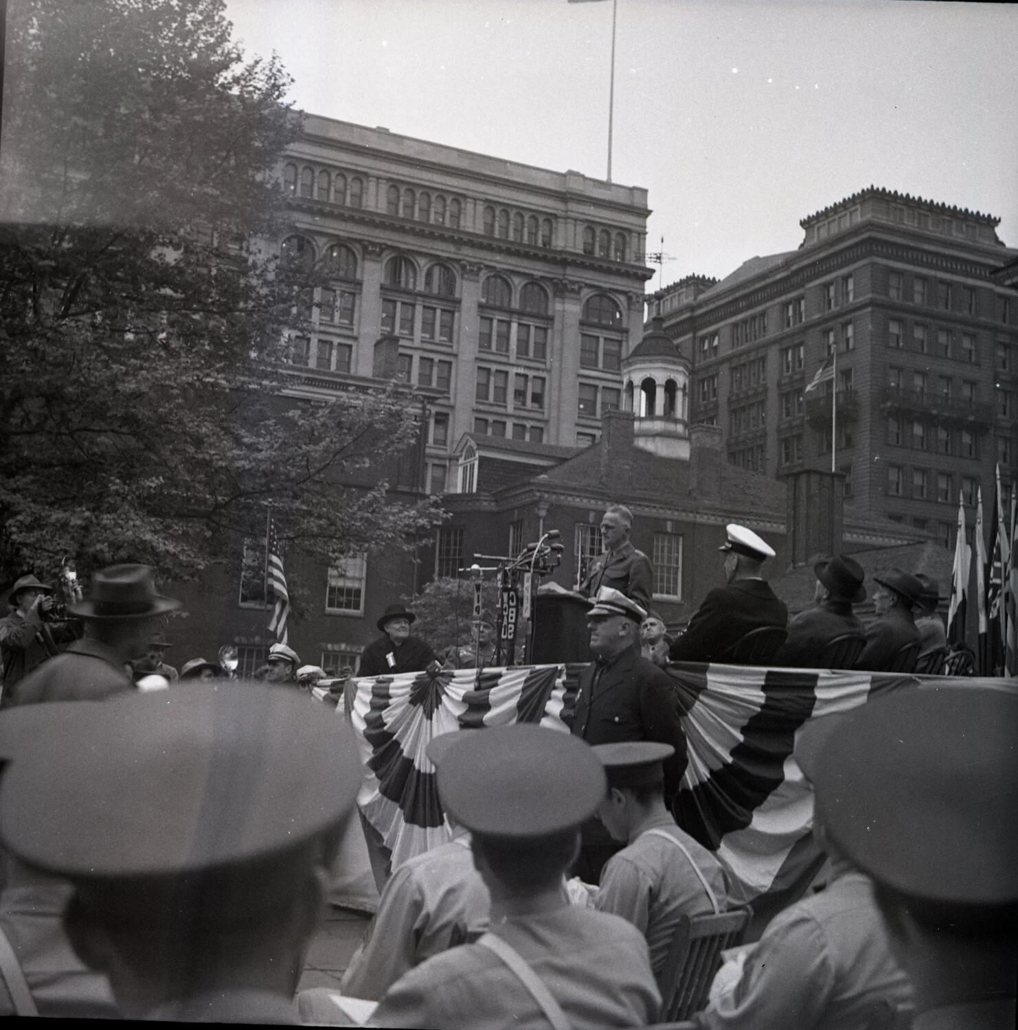 Wartime Patriotic Rally with Military Speaker and Band, Likely Independence Square, Philadelphia