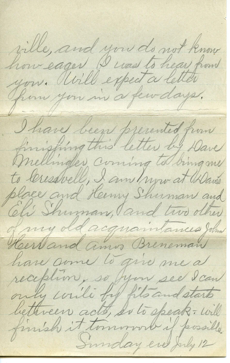 Handwritten Letter Page, J. A. Wagener to Family, Dated July 1903