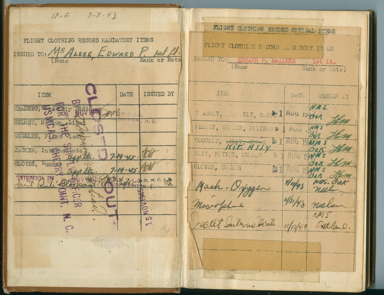 Flight Clothing Record Pages, 1st Lt. Edward P. McAleer, USMC Aviator Log Book, 1943-1949