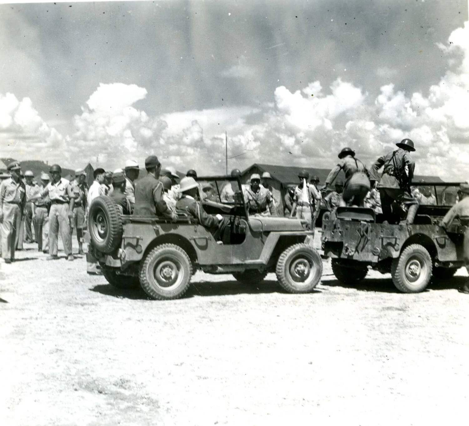 Allied Troops and Jeeps at Outdoor Assembly, CBI Theater, WWII