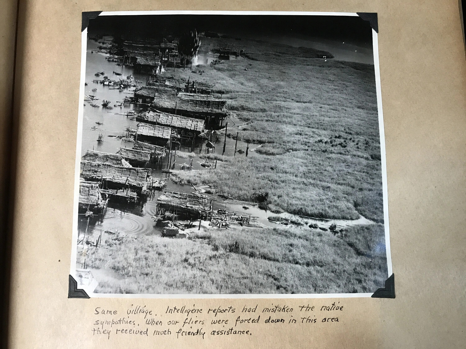 Native River Village, New Guinea — Aerial Reconnaissance View with Album Annotation