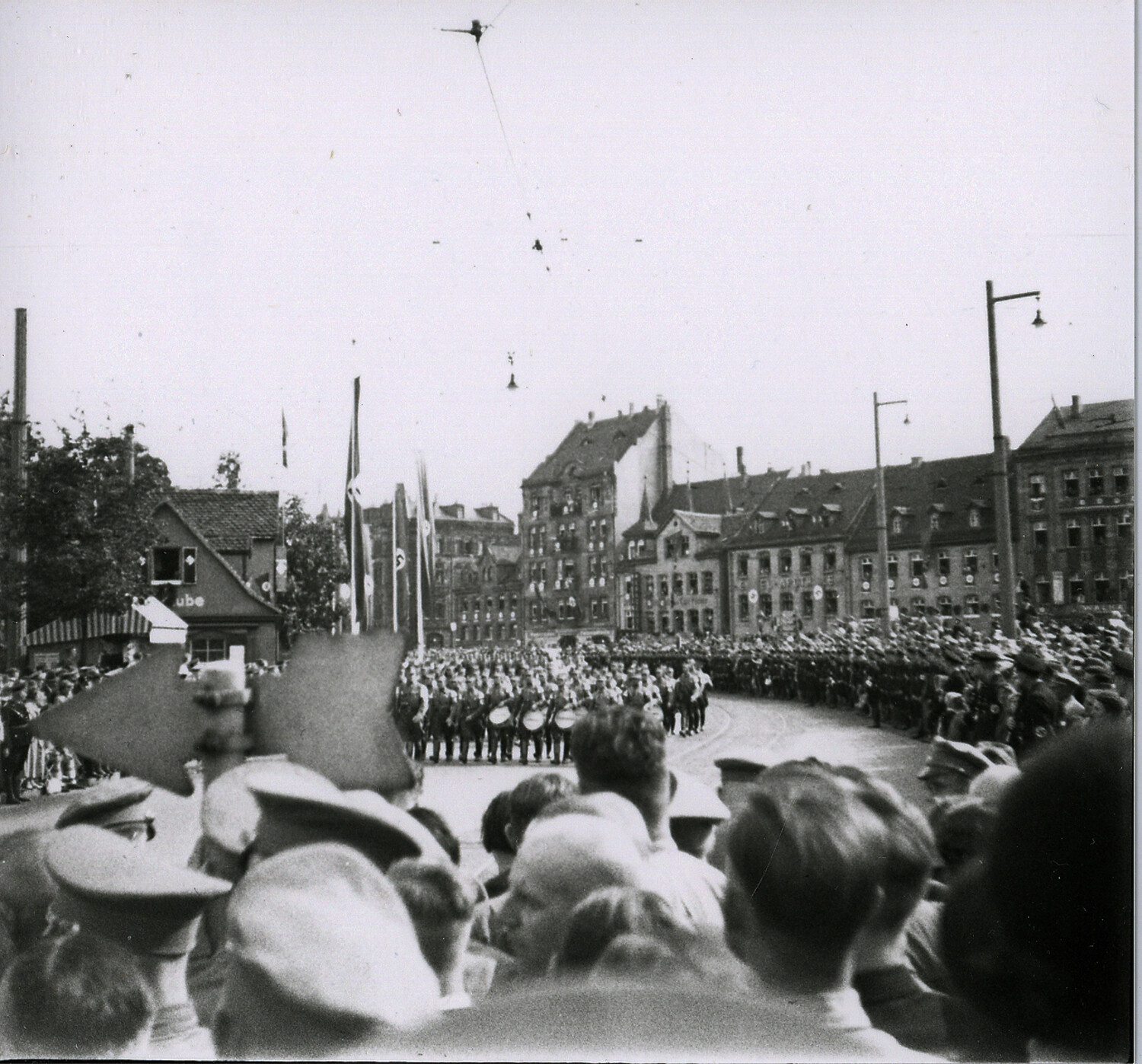 Nazi Party Rally Crowd and Marching Formation, Nuremberg, Germany, 1930s (Nurnberg Negatives Collection)