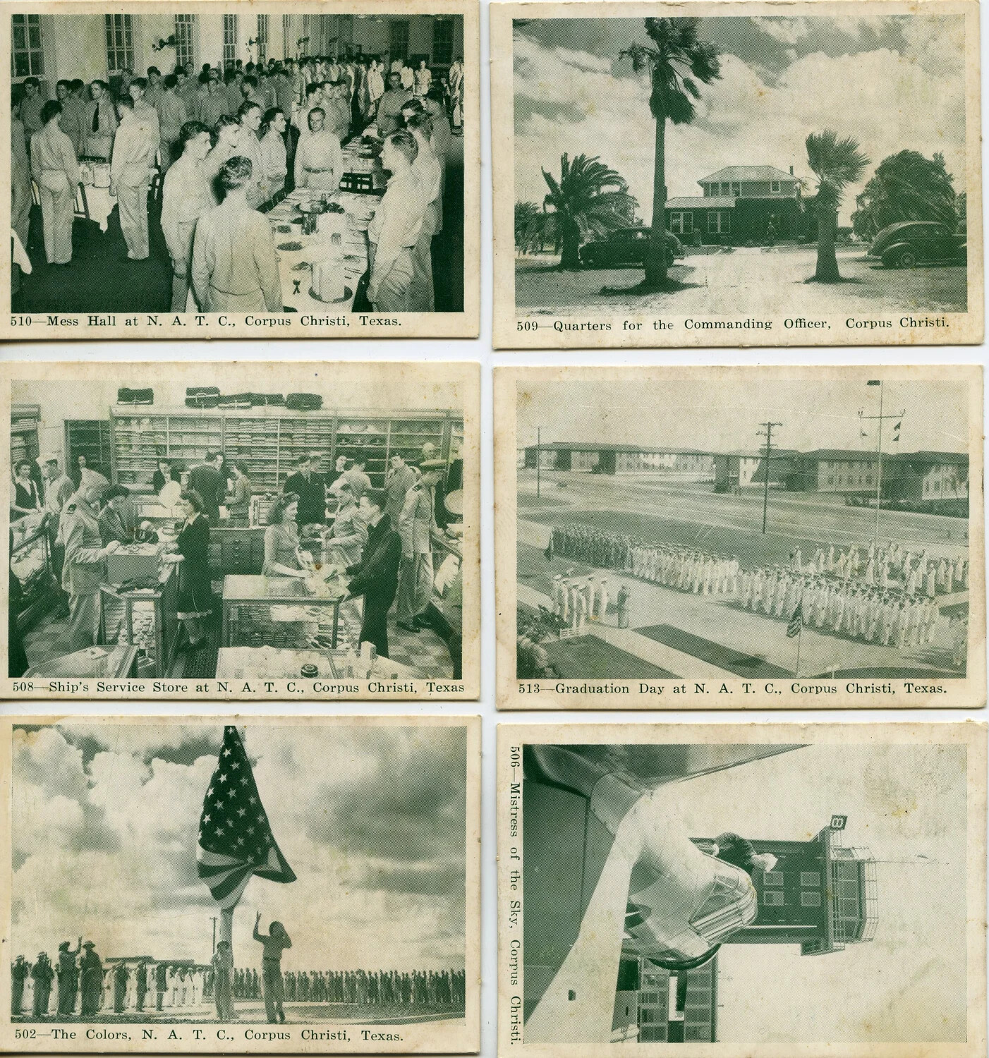Six Souvenir Photo Postcards: N.A.T.C. Corpus Christi, Texas — Mess Hall, Commanding Officer's Quarters, Ship's Service Store, Graduation Day, The Colors, and 'Mistress of the Sky'
